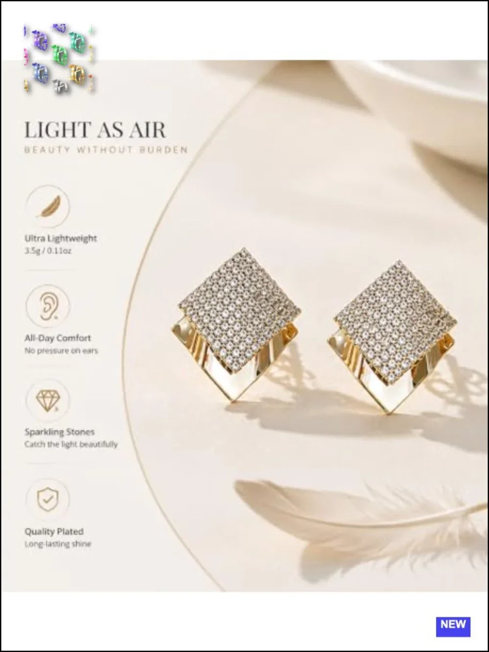 Gold Square Stud Earrings Pave Crystal Geometric Statement Jewelry